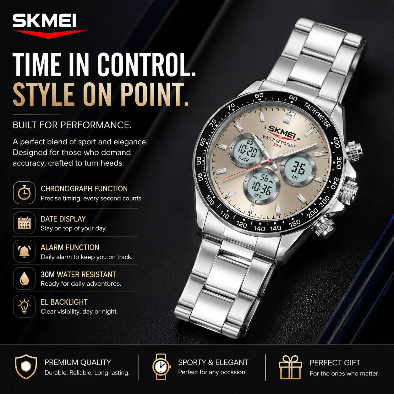 SKMEI 2505 Men's Analog Digital Watch | Stainless Steel | 30M Water Resistant