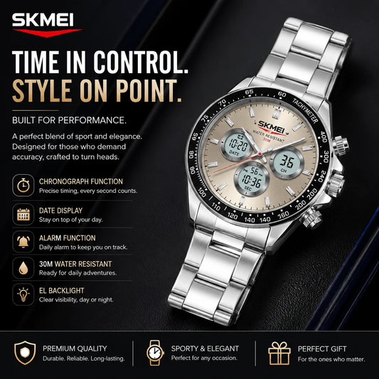 SKMEI 2505 Men's Analog Digital Watch | Stainless Steel | 30M Water Resistant