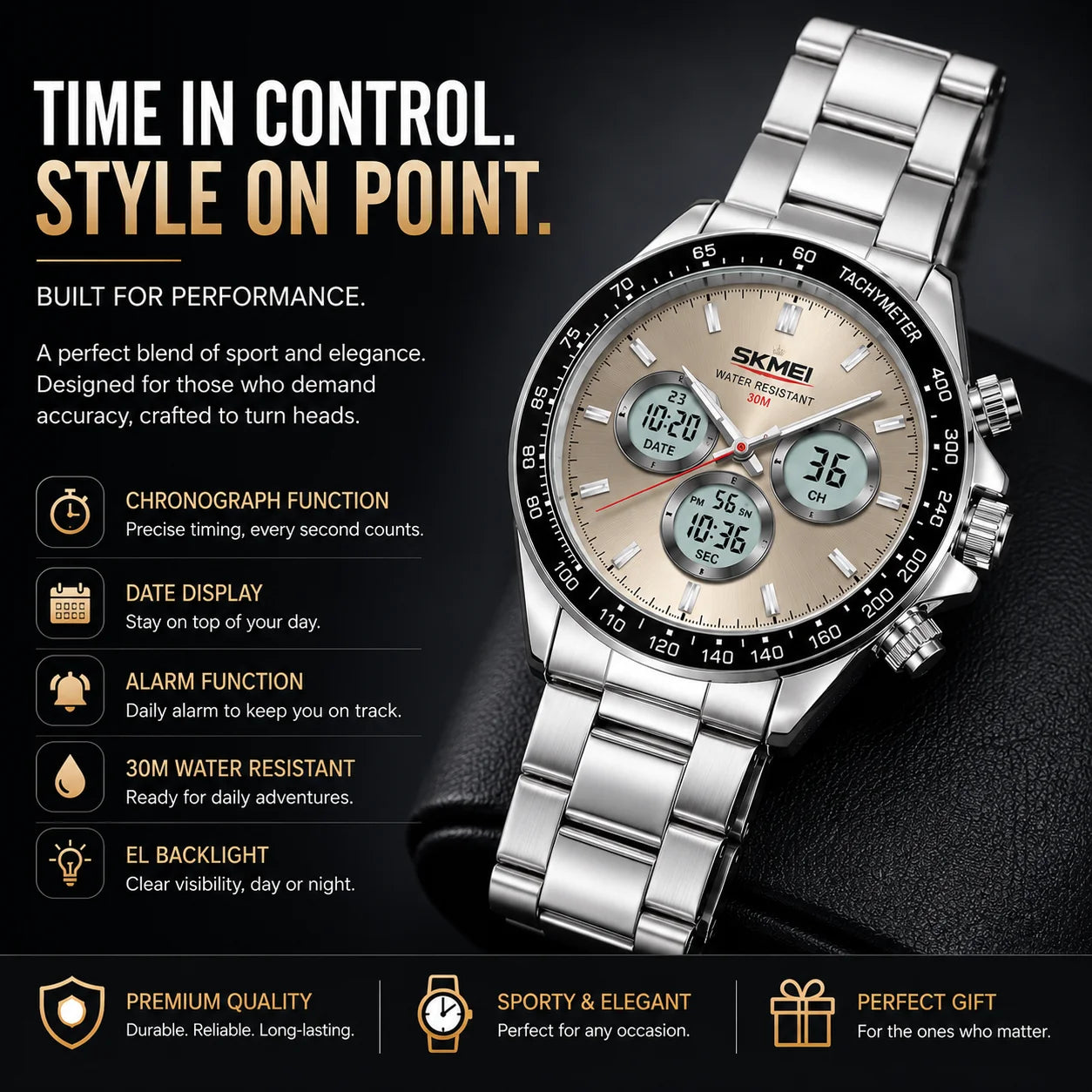 SKMEI Men's Analog Digital Watch | Stainless Steel | 30M Water Resistant