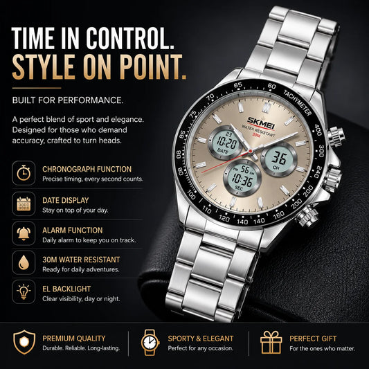 SKMEI Men's Analog Digital Watch | Stainless Steel | 30M Water Resistant