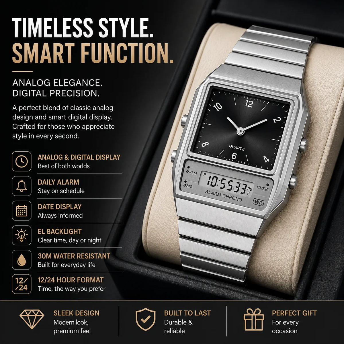 SKMEI Analog Digital Watch for Men | Dual Time | Stainless Steel | 30M Water Resistant