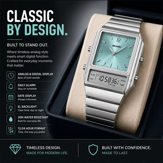 SKMEI Analog Digital Watch for Men | Dual Time | Stainless Steel | 30M Water Resistant