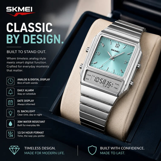 SKMEI 2632 Analog Digital Watch for Men | Dual Time | Stainless Steel | 30M Water Resistant