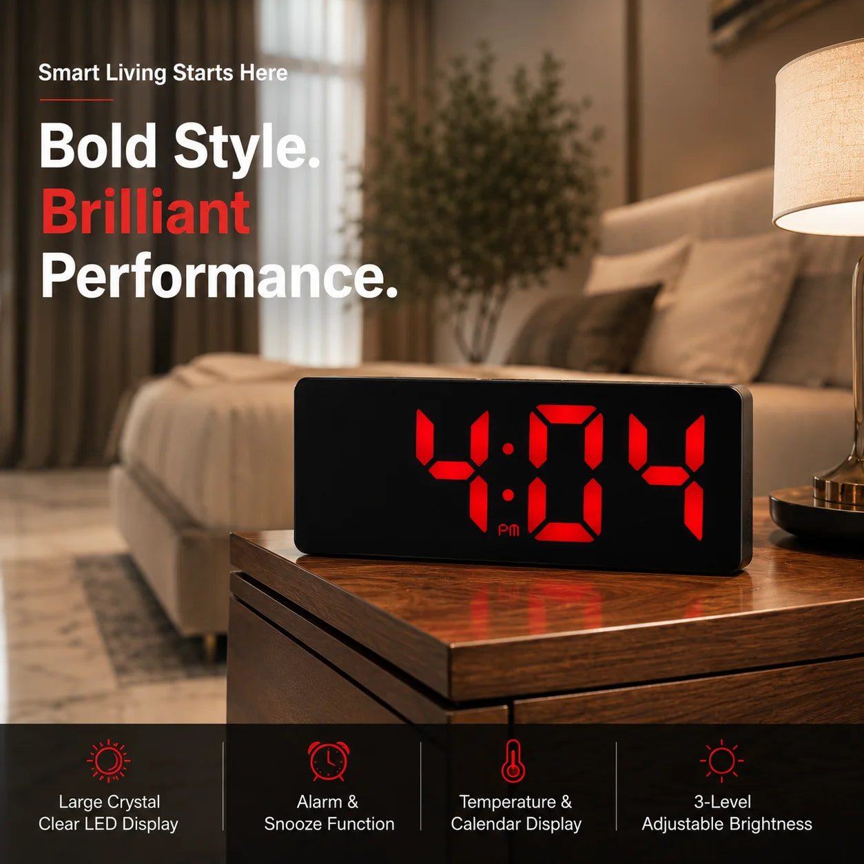 6.6" LED Digital Table Alarm Clock with Temperature & Snooze