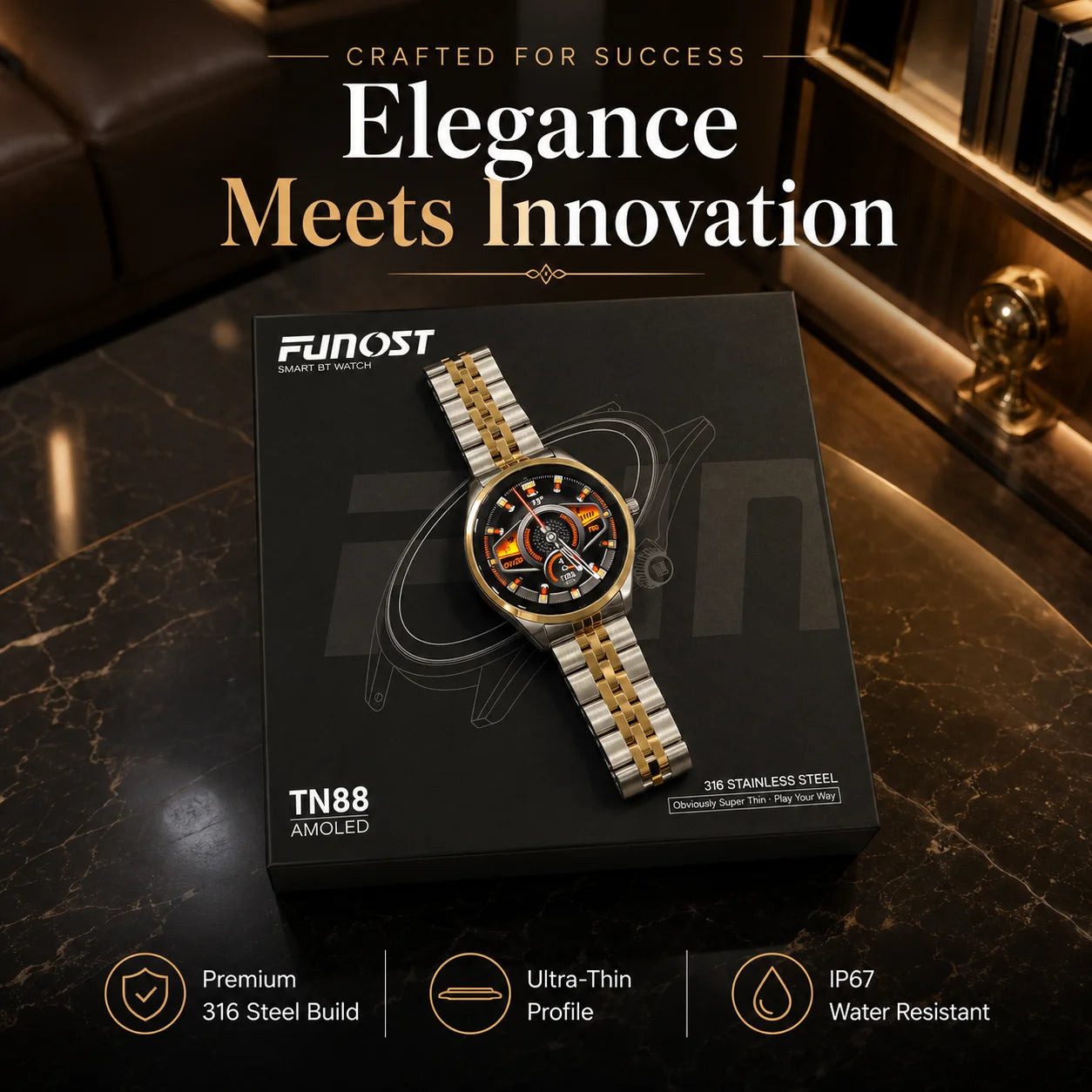 TN88 Ultra-Thin Luxury Smart Watch – AMOLED Display, Sapphire Glass & IP67 Waterproof