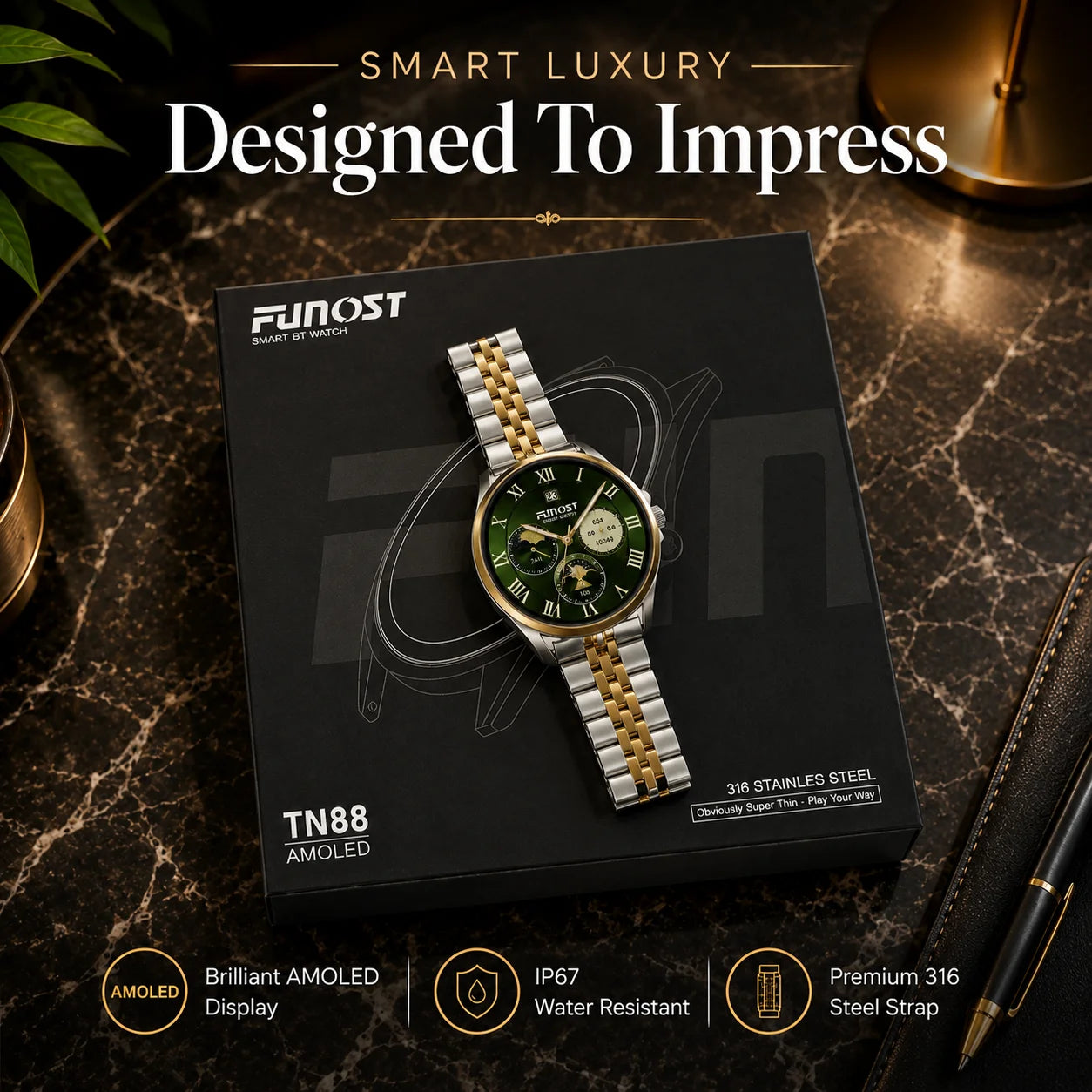 TN88 Ultra-Thin Luxury Smart Watch – AMOLED Display, Sapphire Glass & IP67 Waterproof