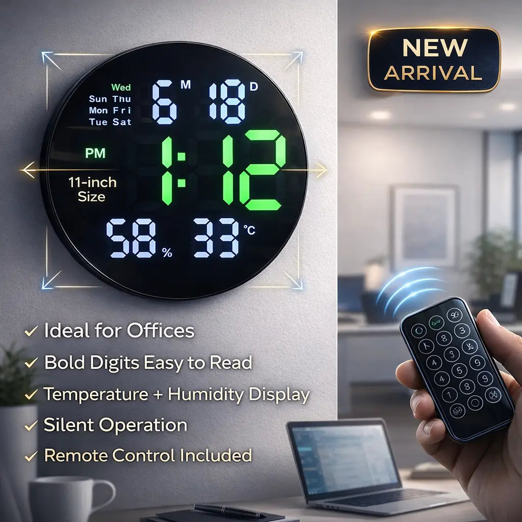 11-Inch Round Electronic Digital Wall Clock With Remote Control – Smart LED Display & Temperature