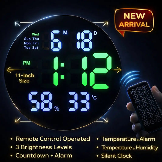 Electronic Digital Clock Round 11''  with Remote Control,  Alarm, Date and Temperature Display, Adjustable Brightness